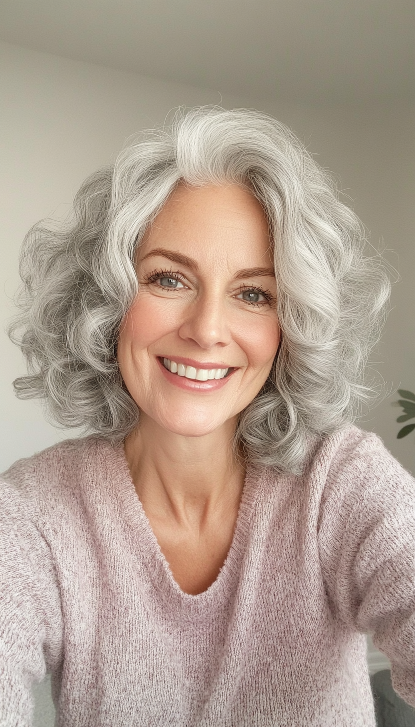 14. Short Curly Layers in Natural Salt-and-Pepper (Layered Hairstyles For Women Over 50) - Layered Hairstyles For Women Over 50