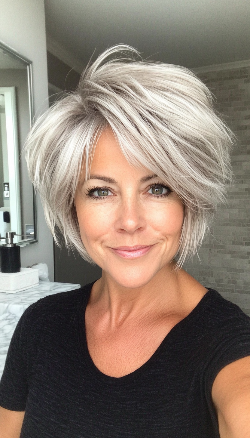 16. Choppy Pixie Layers in Silver Blonde (Layered Hairstyles For Women Over 50) - Layered Hairstyles For Women Over 50