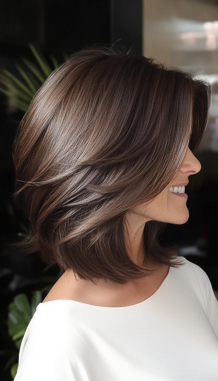 17. Side-Parted Layered Bob in Dark Ash Brown (Layered Hairstyles For Women Over 50) - Layered Hairstyles For Women Over 50