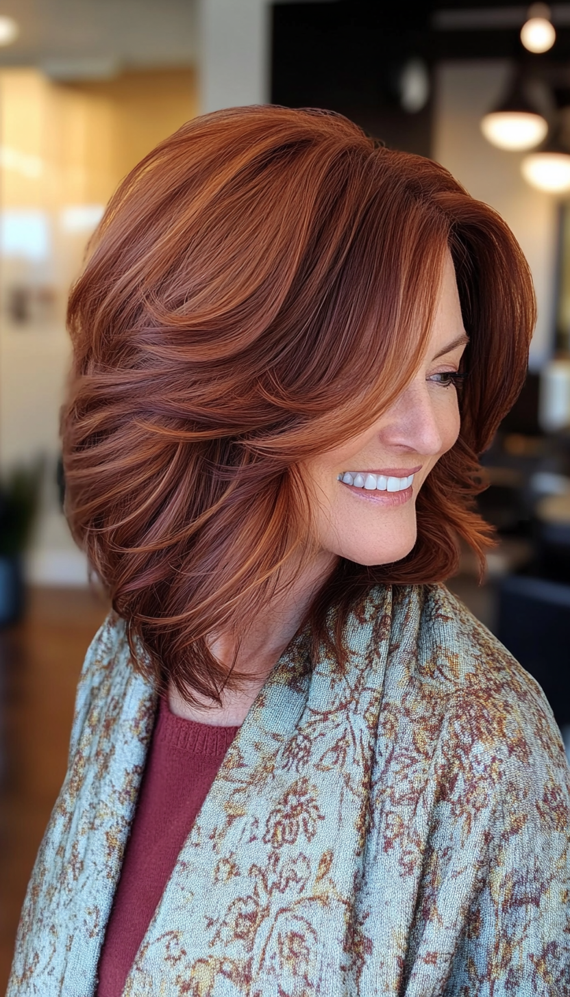 18. Flipped-Out Layered Lob in Warm Mahogany (Layered Hairstyles For Women Over 50) - Layered Hairstyles For Women Over 50