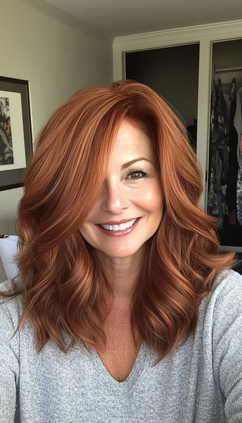 19. Tousled Shoulder-Length Layers in Deep Copper (Layered Hairstyles For Women Over 50) - Layered Hairstyles For Women Over 50