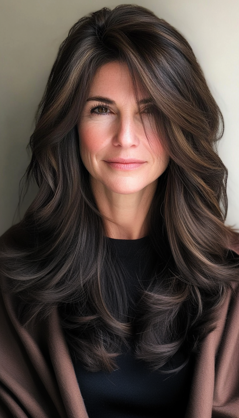 20. Long Textured Layers in Espresso Brown (Layered Hairstyles For Women Over 50) - Layered Hairstyles For Women Over 50