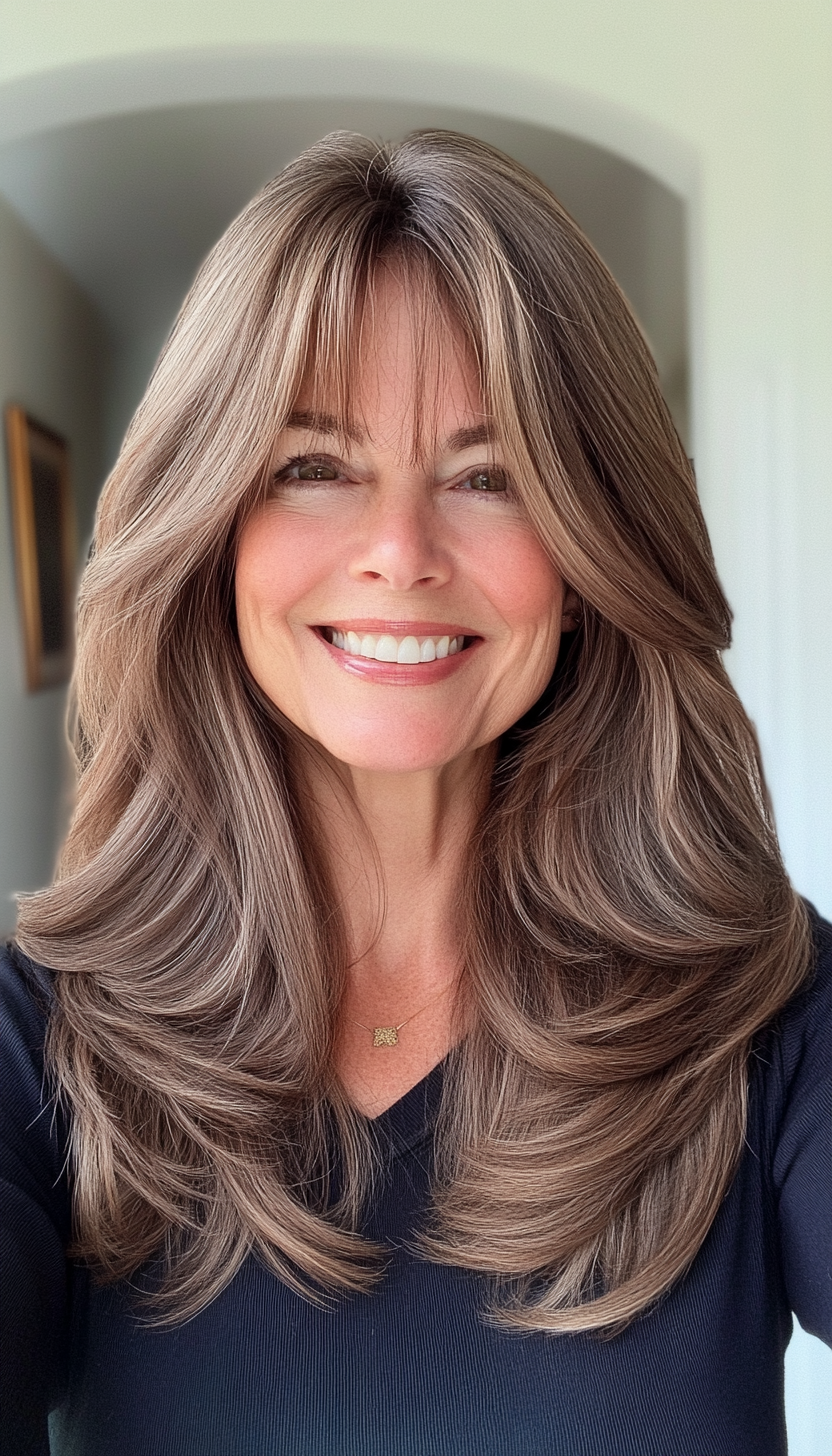 21. Cascading Layers with Bangs in Soft Mocha Brown (Layered Hairstyles For Women Over 50) - Layered Hairstyles For Women Over 50