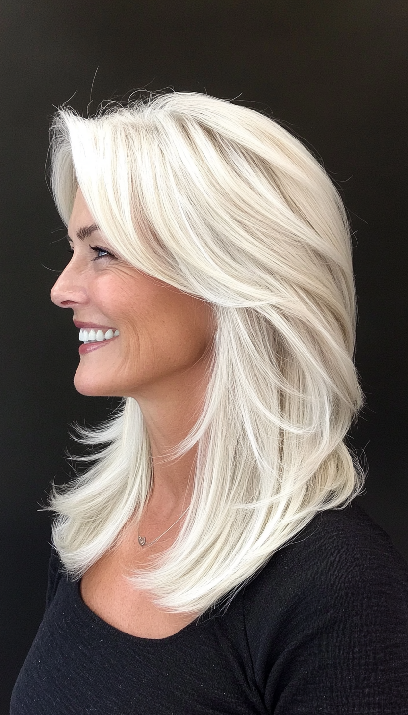 22. Layered Crop in Icy White Blonde (Layered Hairstyles For Women Over 50) - Layered Hairstyles For Women Over 50