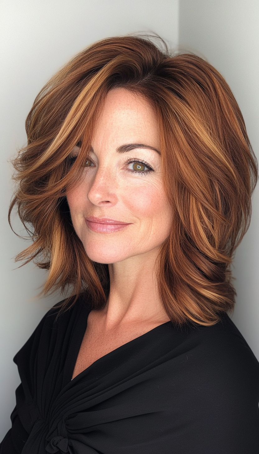 23. Asymmetrical Layered Bob in Rich Chestnut (Layered Hairstyles For Women Over 50) - Layered Hairstyles For Women Over 50