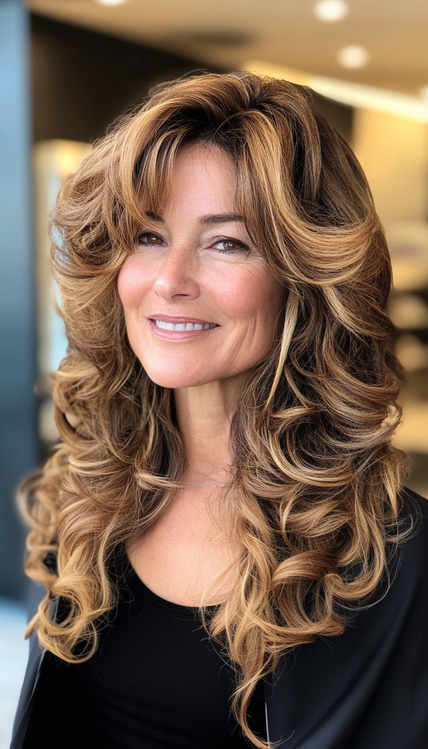 24. Voluminous Layered Curls in Dark Honey Brown (Layered Hairstyles For Women Over 50) - Layered Hairstyles For Women Over 50