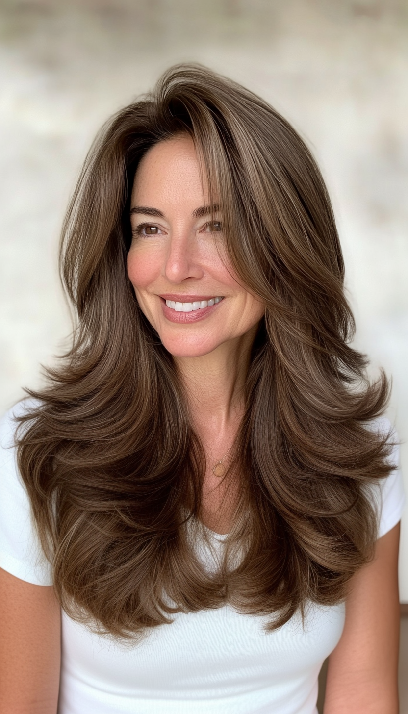 27. Long Feathered Layers in Classic Dark Brown (Layered Hairstyles For Women Over 50) - Layered Hairstyles For Women Over 50