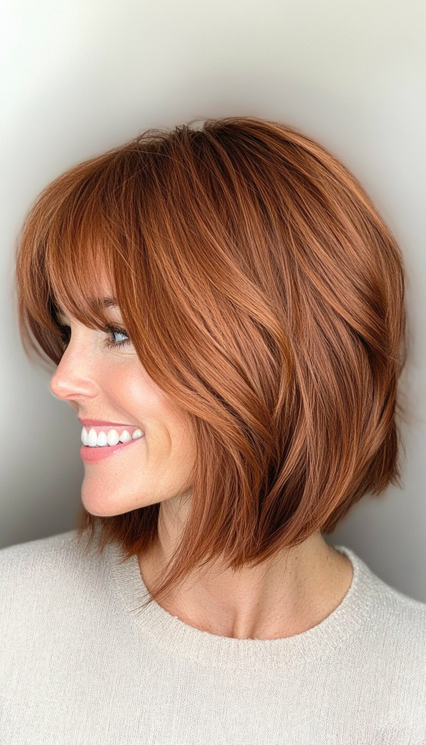 16. Textured Auburn Bob with Side Bangs (Bob Hairstyles For Thin Hair) - Bob Hairstyles For Thin Hair