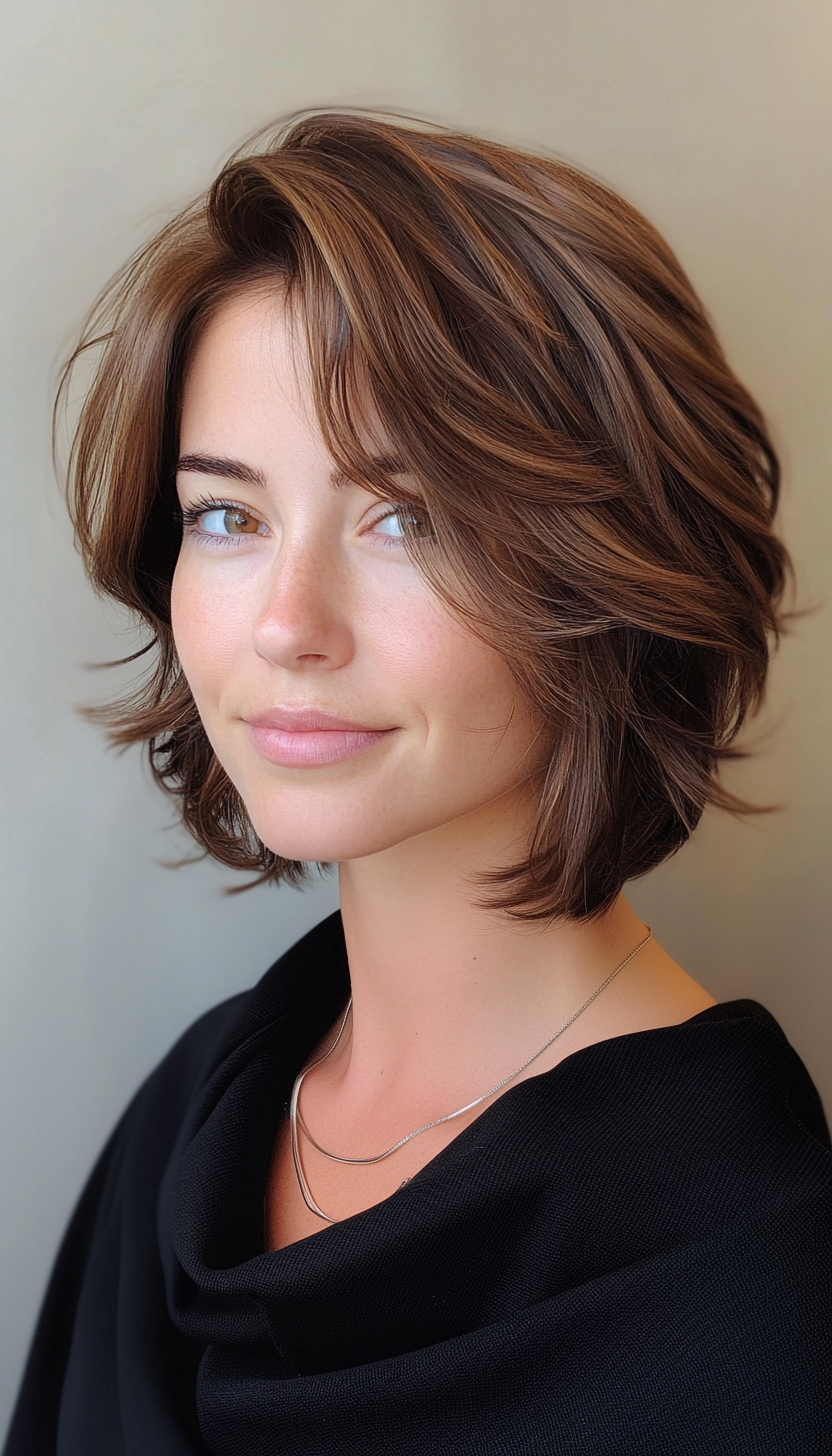1. Feathered Chestnut Layers (Short Shaggy Bob Hairstyles) - Short Shaggy Bob Hairstyles
