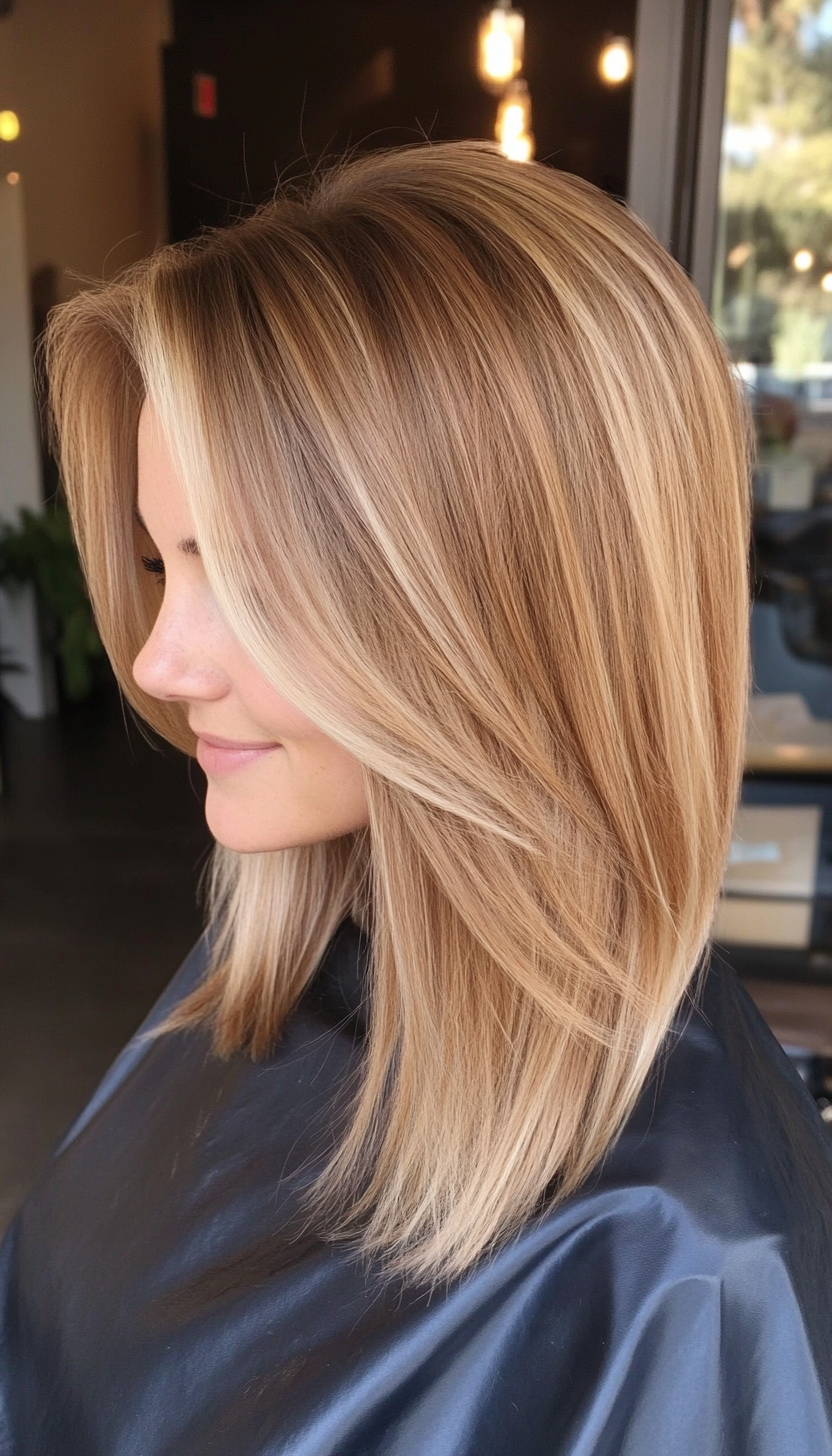 1. Feathered Lob in Warm Honey Blonde (Medium Length Hairstyles For Thin Hair) - Medium Length Hairstyles For Thin Hair
