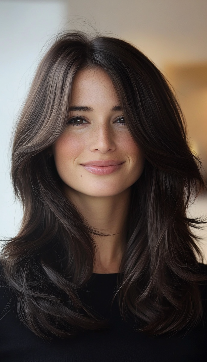 6. Face-Framing Layers in Dark Chocolate Brown (Medium Length Hairstyles For Thin Hair) - Medium Length Hairstyles For Thin Hair
