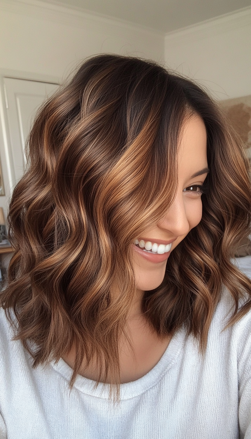 7. Wavy Lob in Caramel Brown (Medium Length Hairstyles For Thin Hair) - Medium Length Hairstyles For Thin Hair