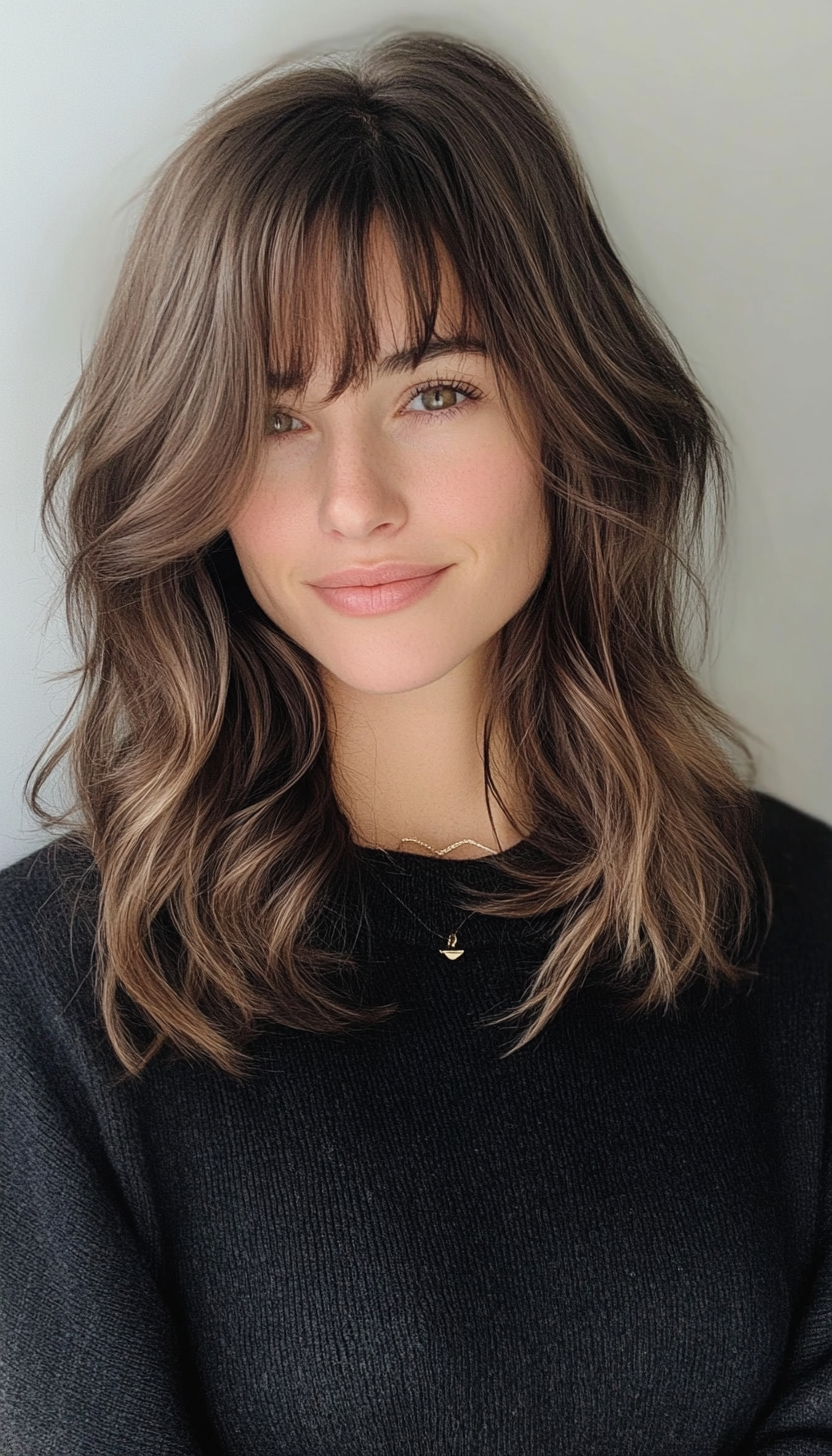 10. Curtain Bangs with Mid-Length Waves in Rich Mocha Brown (Medium Length Hairstyles For Thin Hair) - Medium Length Hairstyles For Thin Hair