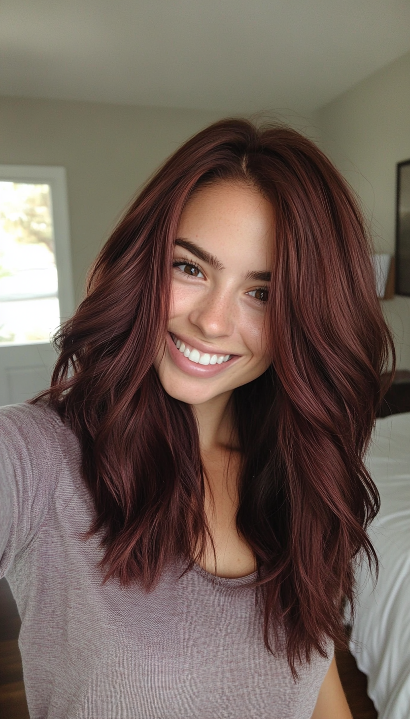 14. Tousled Shoulder-Length Cut in Deep Mahogany (Medium Length Hairstyles For Thin Hair) - Medium Length Hairstyles For Thin Hair