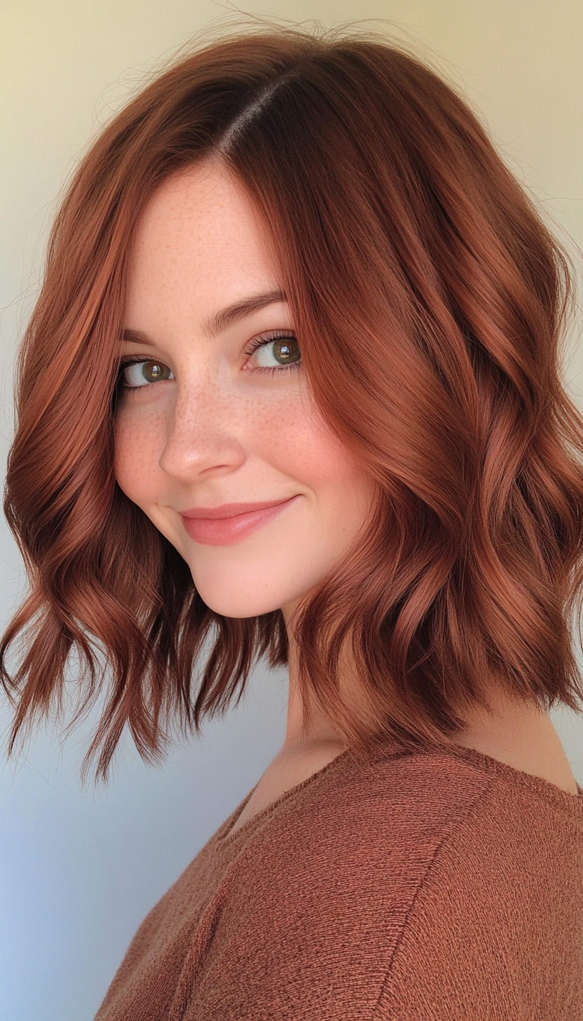 16. Wavy Shoulder-Length Cut in Dark Copper (Medium Length Hairstyles For Thin Hair) - Medium Length Hairstyles For Thin Hair