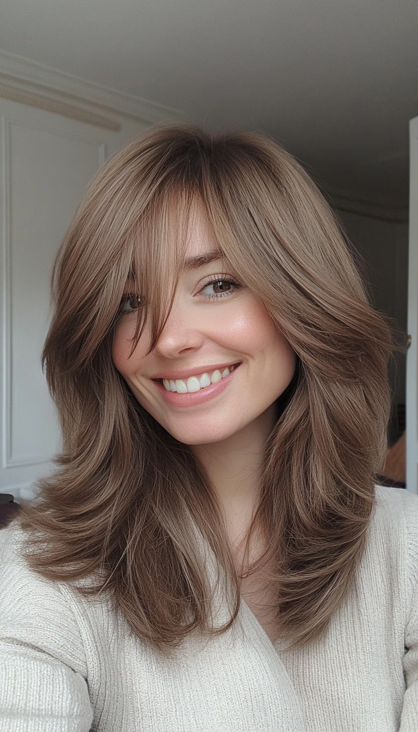 19. Layered Cut with Side Bangs in Cool Ash Brown (Medium Length Hairstyles For Thin Hair) - Medium Length Hairstyles For Thin Hair