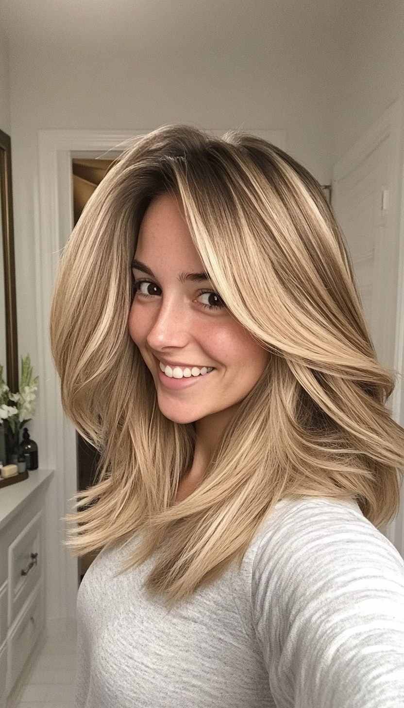 21. Flipped-Out Layers in Natural Dark Blonde (Medium Length Hairstyles For Thin Hair) - Medium Length Hairstyles For Thin Hair