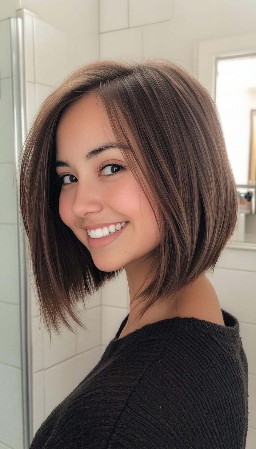 23. Chin-Length Bob with Longer Layers in Mocha Brown (Medium Length Hairstyles For Thin Hair) - Medium Length Hairstyles For Thin Hair