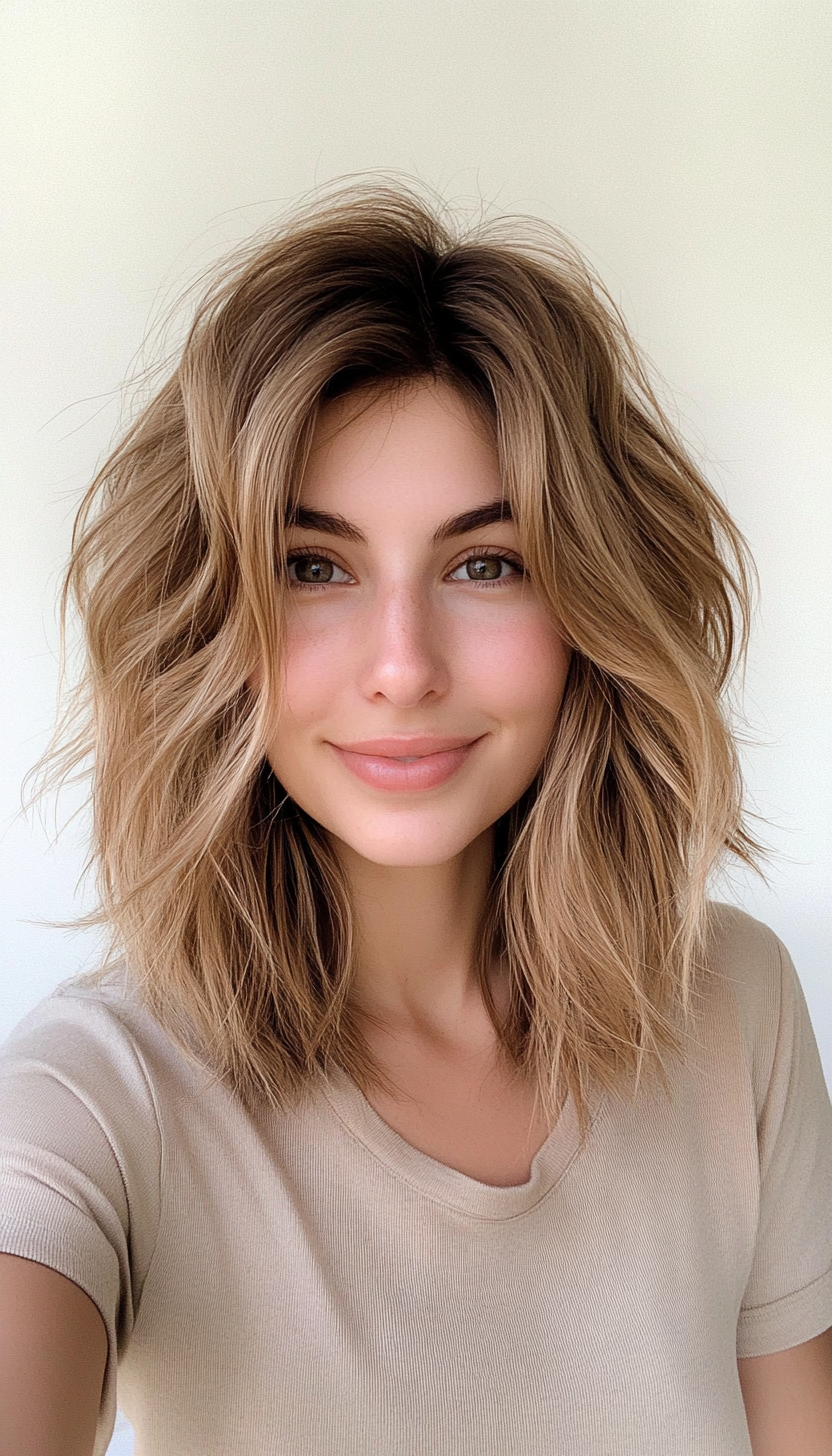 25. Shaggy Lob in Golden Caramel (Medium Length Hairstyles For Thin Hair) - Medium Length Hairstyles For Thin Hair