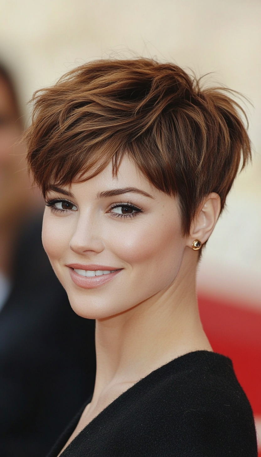 9. Pixie with Volume Crown in Caramel Brown (Short Pixie Haircuts For Women) - Short Pixie Haircuts For Women