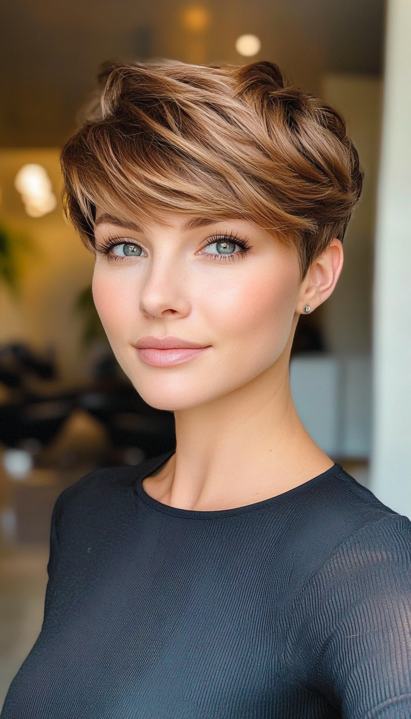 17. Tapered Pixie with Fringe in Honey Brown (Short Pixie Haircuts For Women) - Short Pixie Haircuts For Women