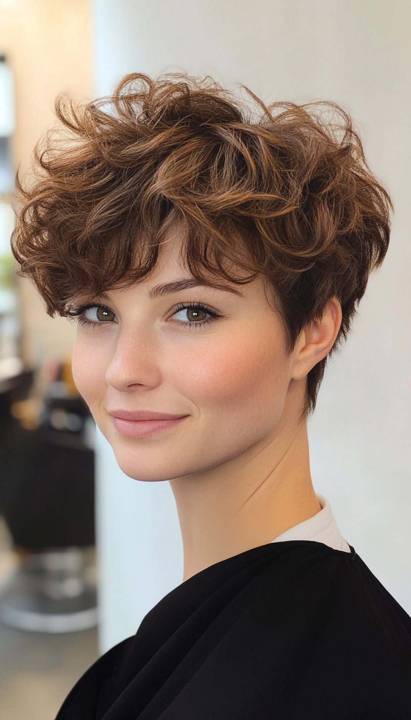 20. Romantic Curled Pixie in Warm Chestnut (Short Pixie Haircuts For Women) - Short Pixie Haircuts For Women
