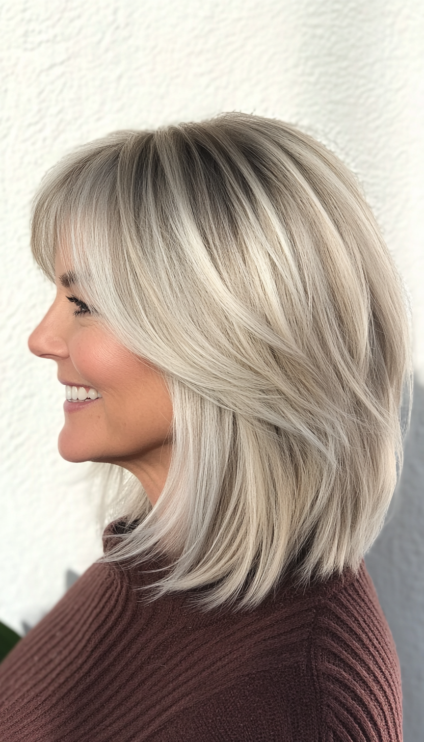1. Feathered Bob with Ash Blonde Layers (Hairstyles For Women Over 50 With Bangs) - Hairstyles For Women Over 50 With Bangs