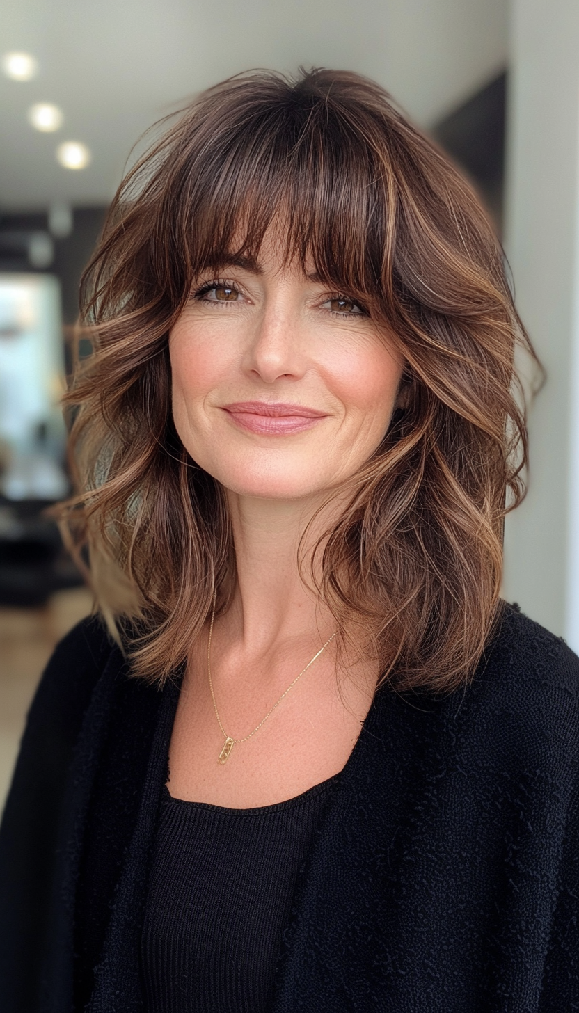 2. Classic Shoulder-Length Cut with Warm Brunette Tones (Hairstyles For Women Over 50 With Bangs) - Hairstyles For Women Over 50 With Bangs