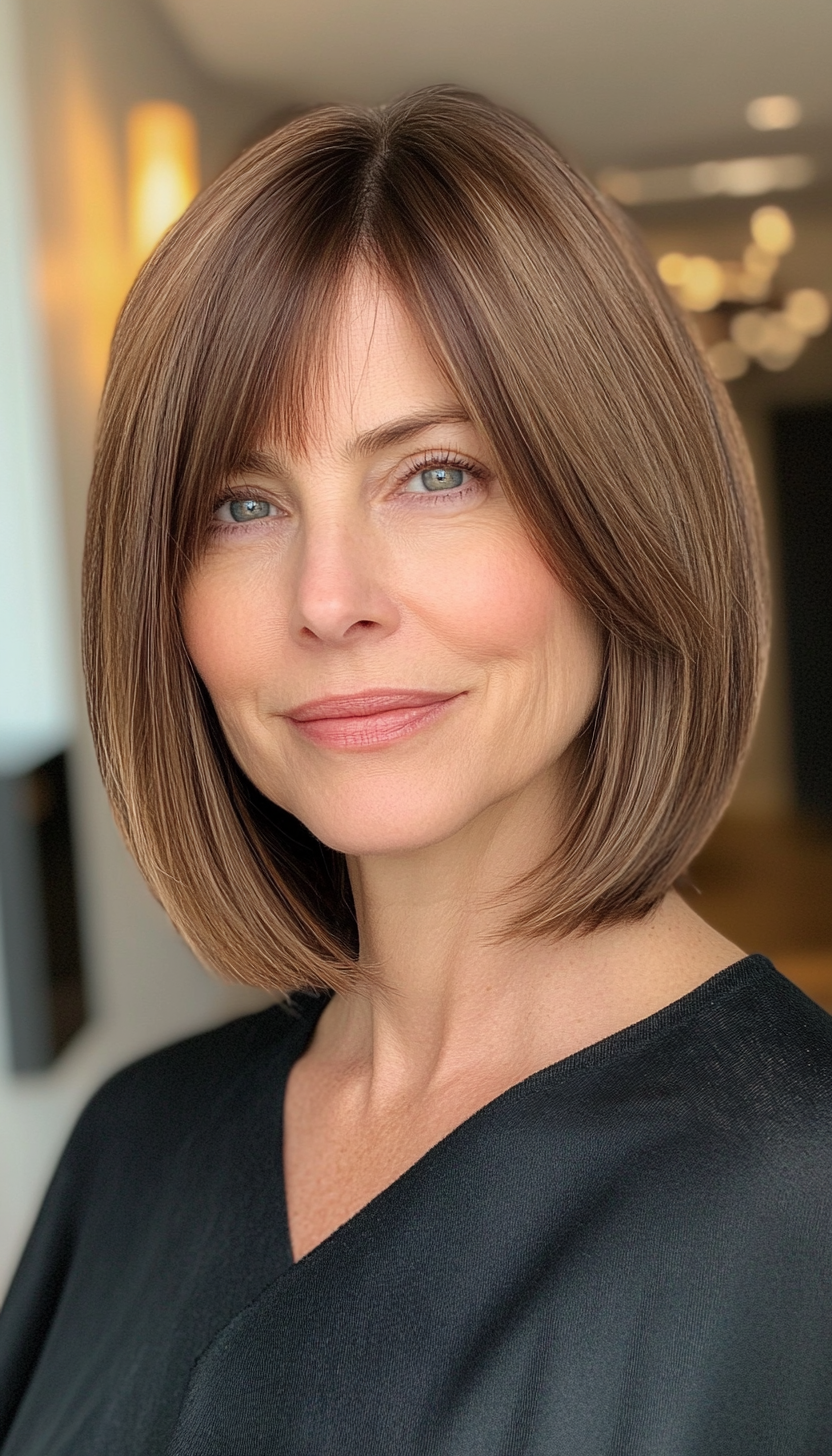 3. Chin-Length Bob with Deep Chestnut Shine (Hairstyles For Women Over 50 With Bangs) - Hairstyles For Women Over 50 With Bangs