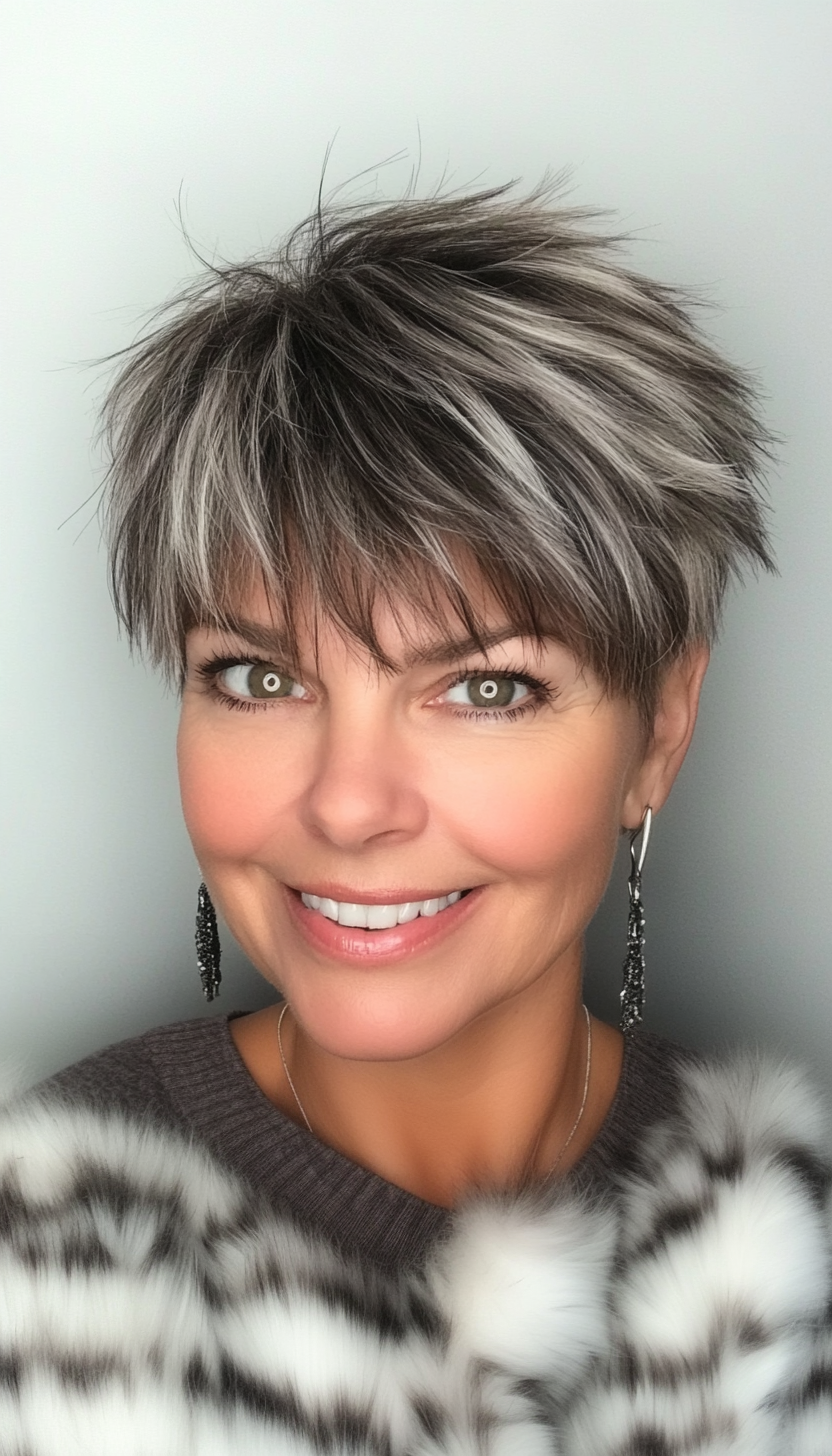 4. Layered Pixie with Salt-and-Pepper Highlights (Hairstyles For Women Over 50 With Bangs) - Hairstyles For Women Over 50 With Bangs