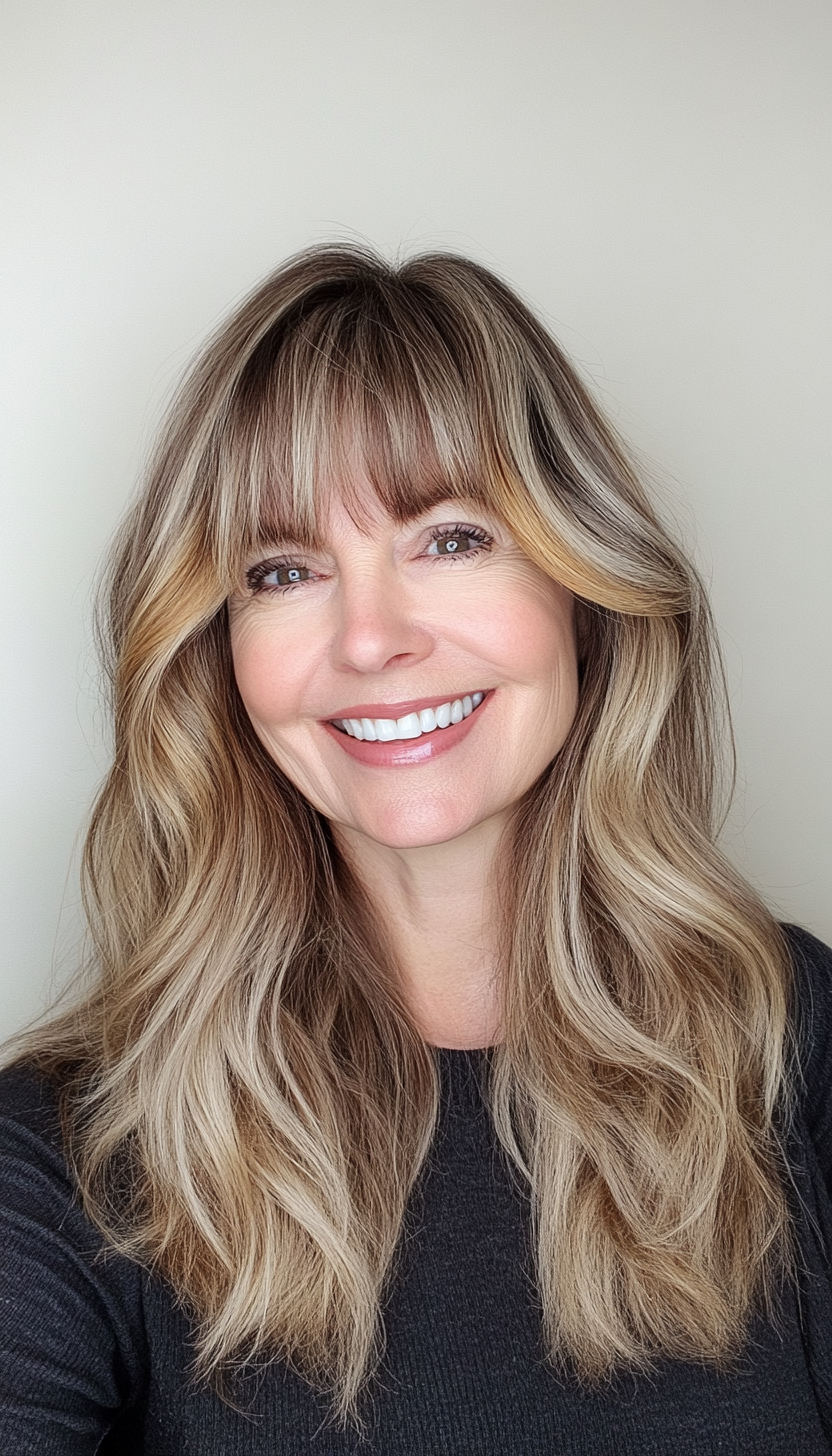 5. Long Shag with Golden Honey Highlights (Hairstyles For Women Over 50 With Bangs) - Hairstyles For Women Over 50 With Bangs