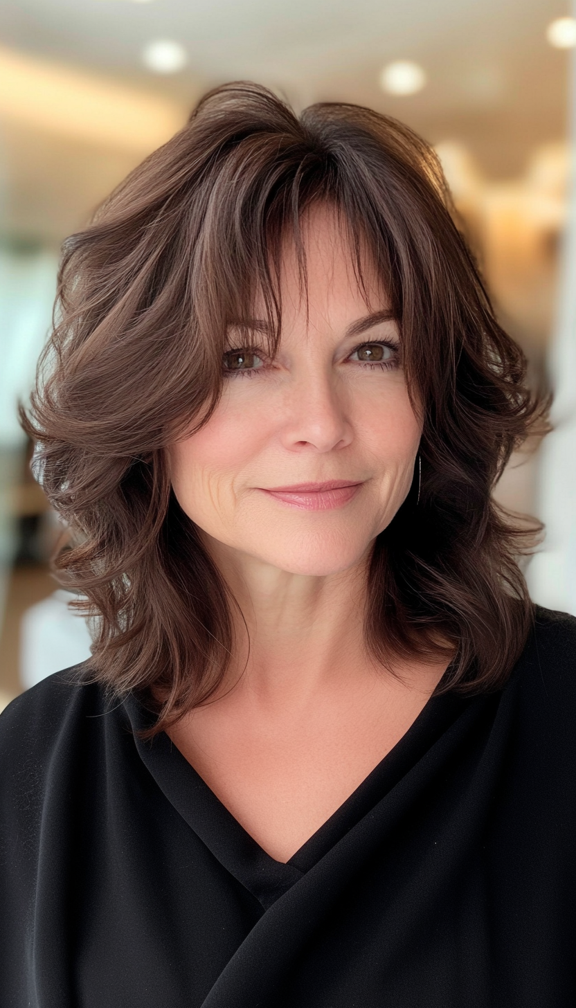 6. Soft Wavy Lob with Chocolate Brown Depth (Hairstyles For Women Over 50 With Bangs) - Hairstyles For Women Over 50 With Bangs