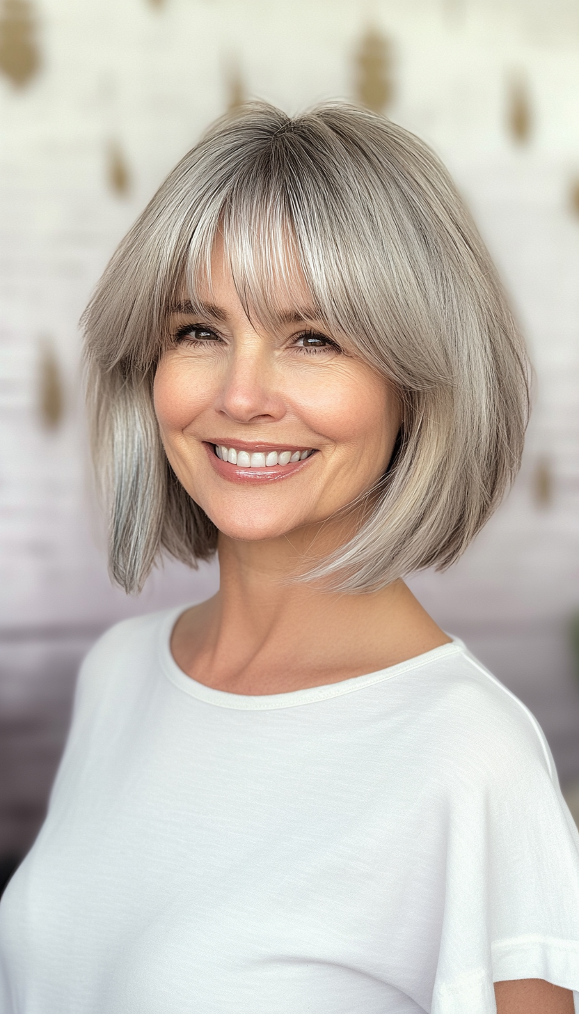 7. Angled Bob with Natural Silver Accents (Hairstyles For Women Over 50 With Bangs) - Hairstyles For Women Over 50 With Bangs
