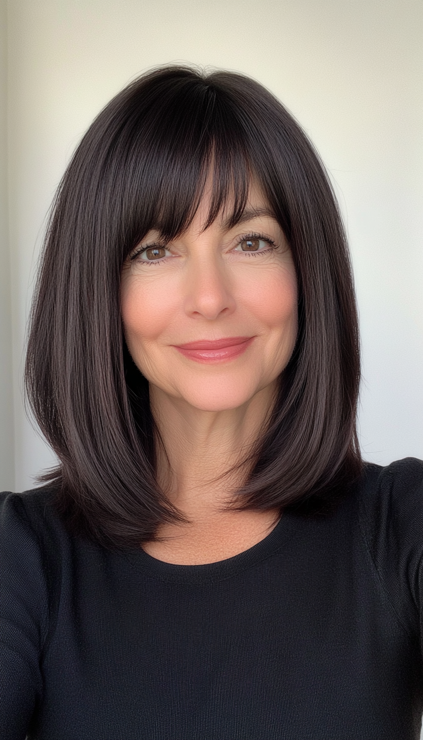 8. Sleek Shoulder-Length Style with Deep Ebony Hue (Hairstyles For Women Over 50 With Bangs) - Hairstyles For Women Over 50 With Bangs