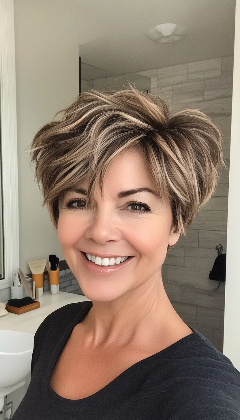 9. Textured Pixie with Caramel Balayage (Hairstyles For Women Over 50 With Bangs) - Hairstyles For Women Over 50 With Bangs