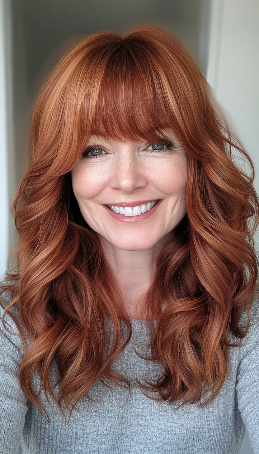 10. Wavy Mid-Length Style with Auburn Warmth (Hairstyles For Women Over 50 With Bangs) - Hairstyles For Women Over 50 With Bangs