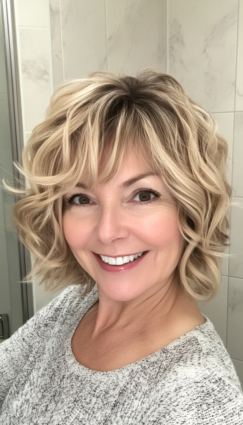11. Curled Bob with Sandy Blonde Dimension (Hairstyles For Women Over 50 With Bangs) - Hairstyles For Women Over 50 With Bangs