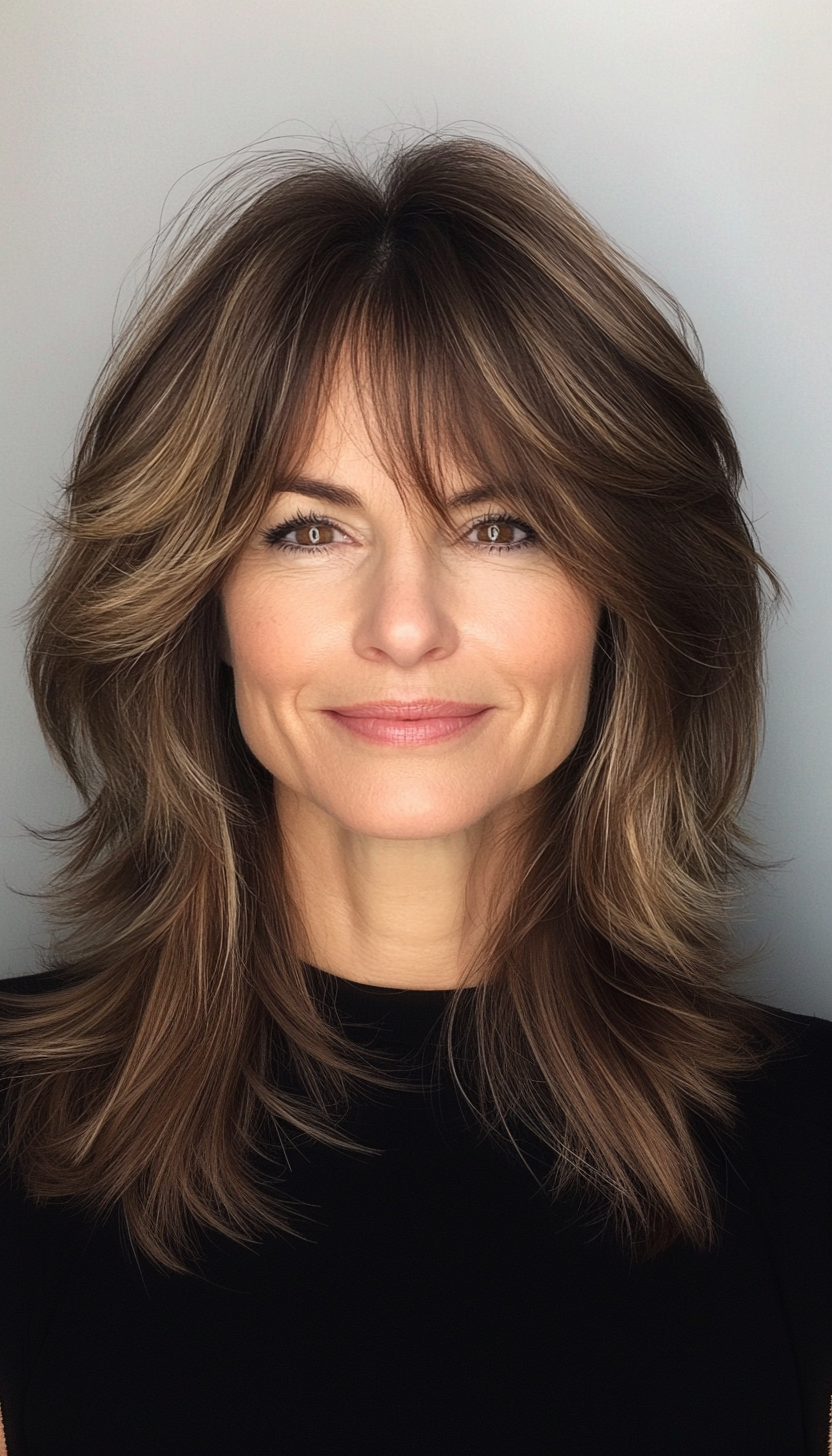 12. Layered Shoulder Cut with Soft Brown Undertones (Hairstyles For Women Over 50 With Bangs) - Hairstyles For Women Over 50 With Bangs