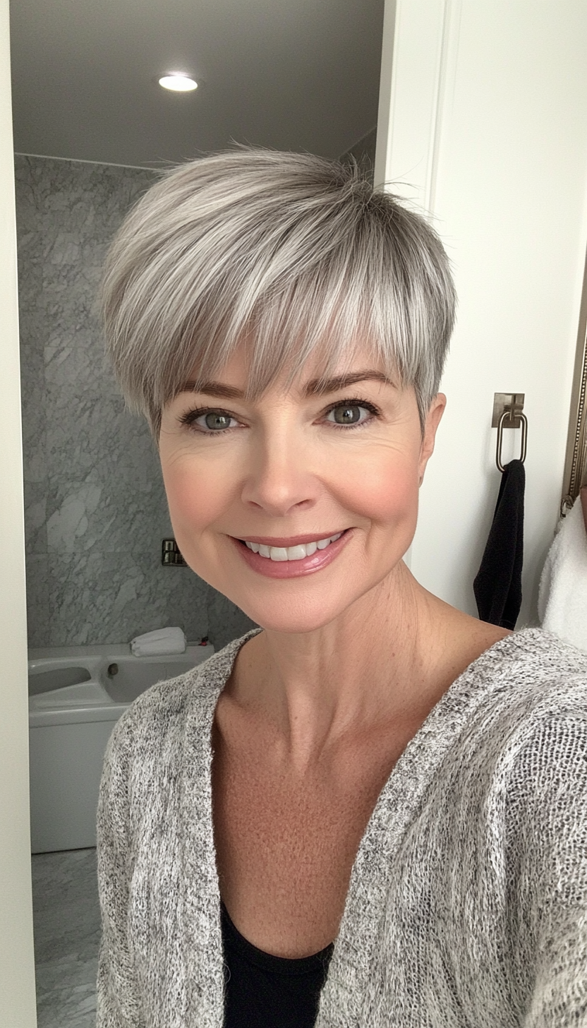 14. Short Feathered Crop with Ash Gray Elegance (Hairstyles For Women Over 50 With Bangs) - Hairstyles For Women Over 50 With Bangs