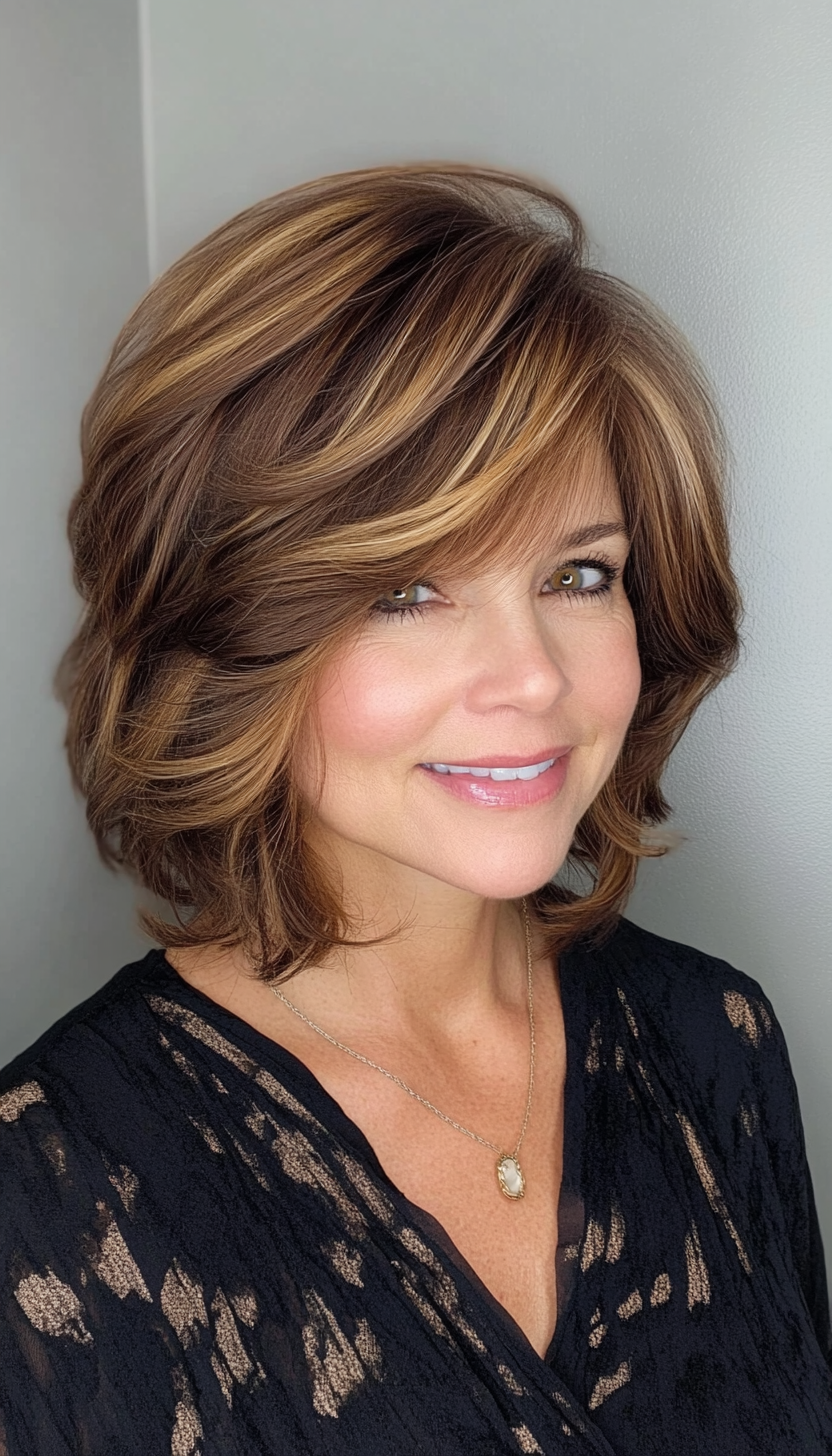 15. Tapered Bob with Honey Brown Lowlights (Hairstyles For Women Over 50 With Bangs) - Hairstyles For Women Over 50 With Bangs