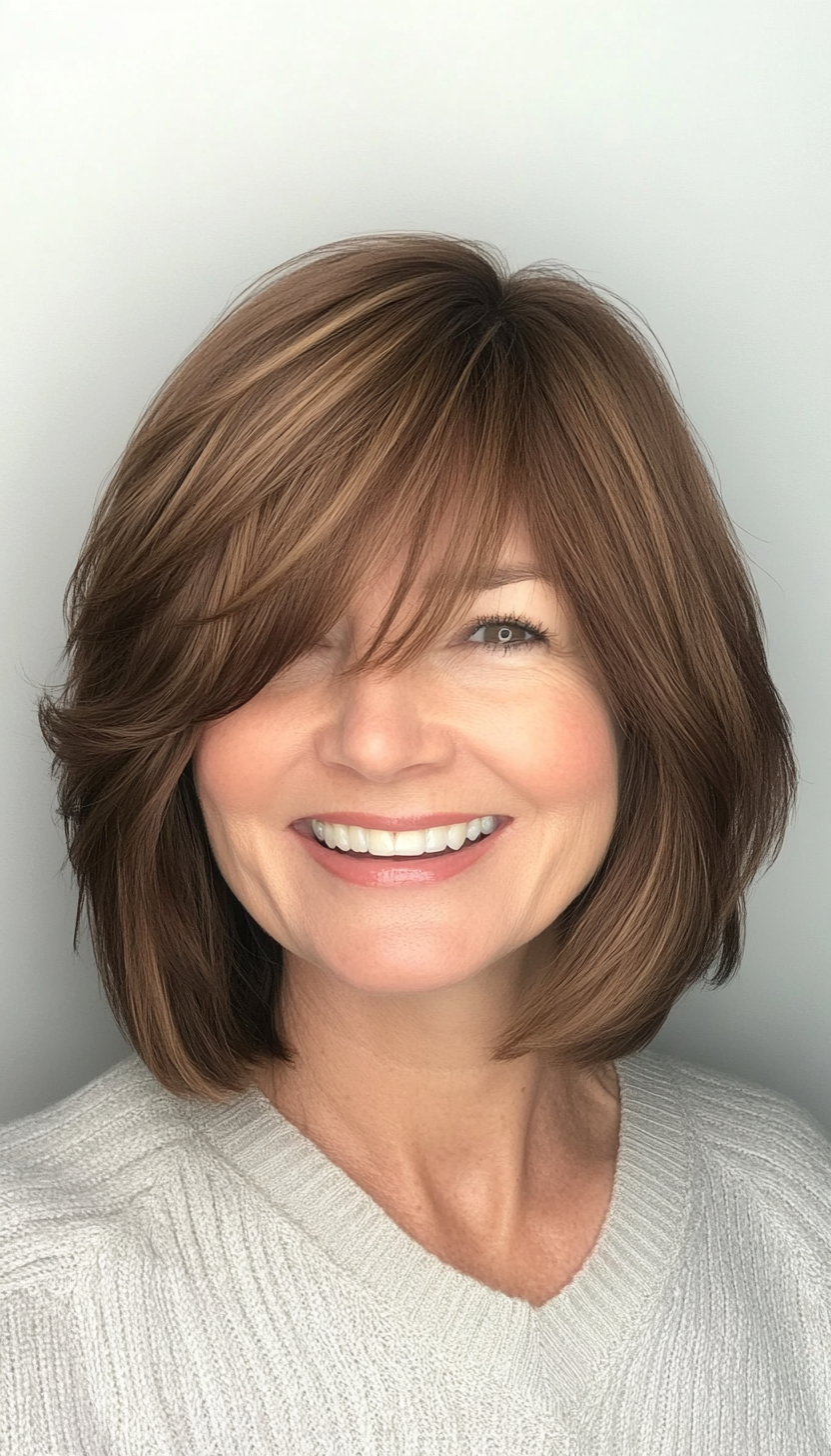 17. Choppy Bob with Mocha Brown Hues (Hairstyles For Women Over 50 With Bangs) - Hairstyles For Women Over 50 With Bangs
