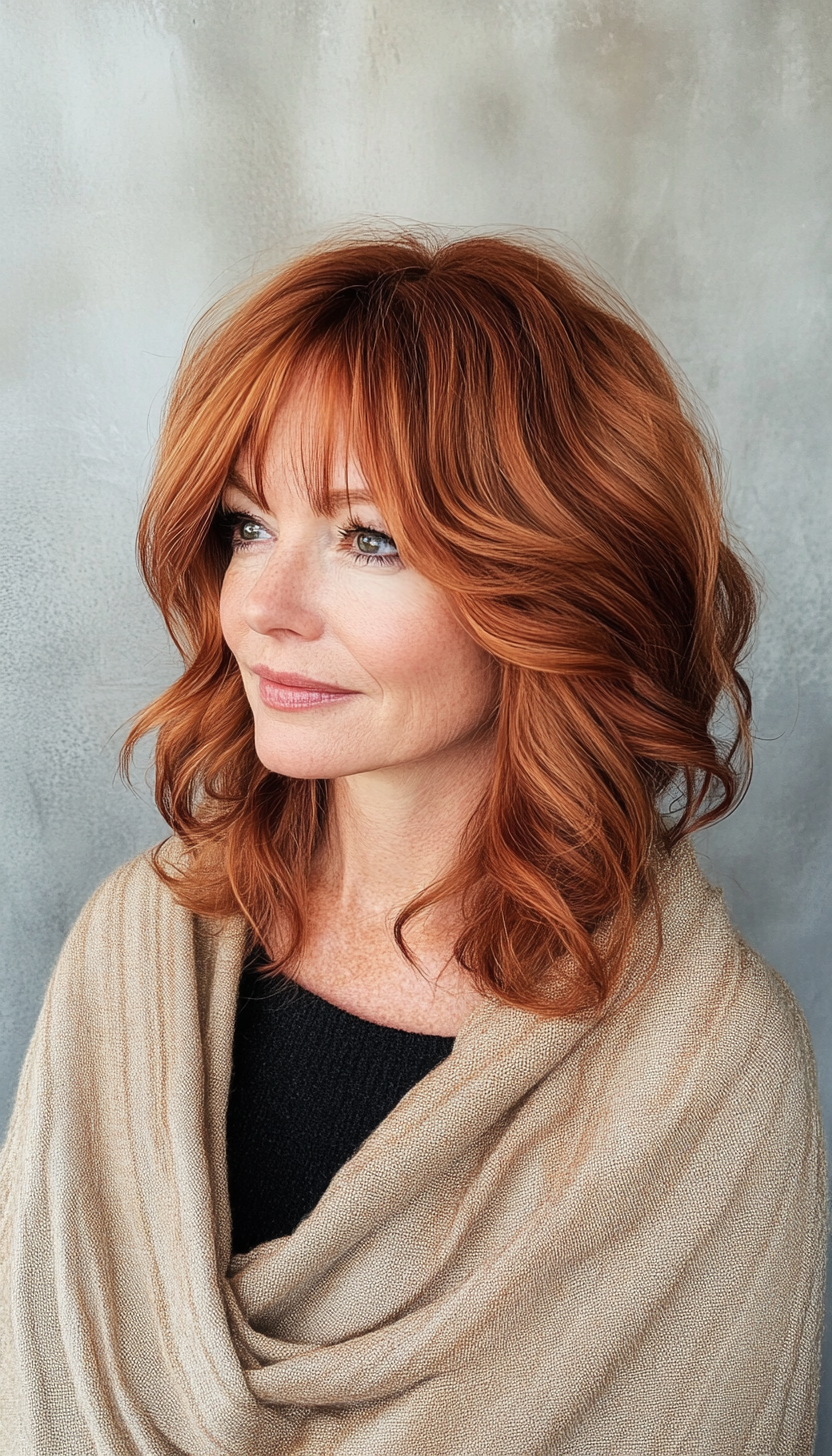 19. Collarbone-Length Layers with Soft Copper Tones (Hairstyles For Women Over 50 With Bangs) - Hairstyles For Women Over 50 With Bangs