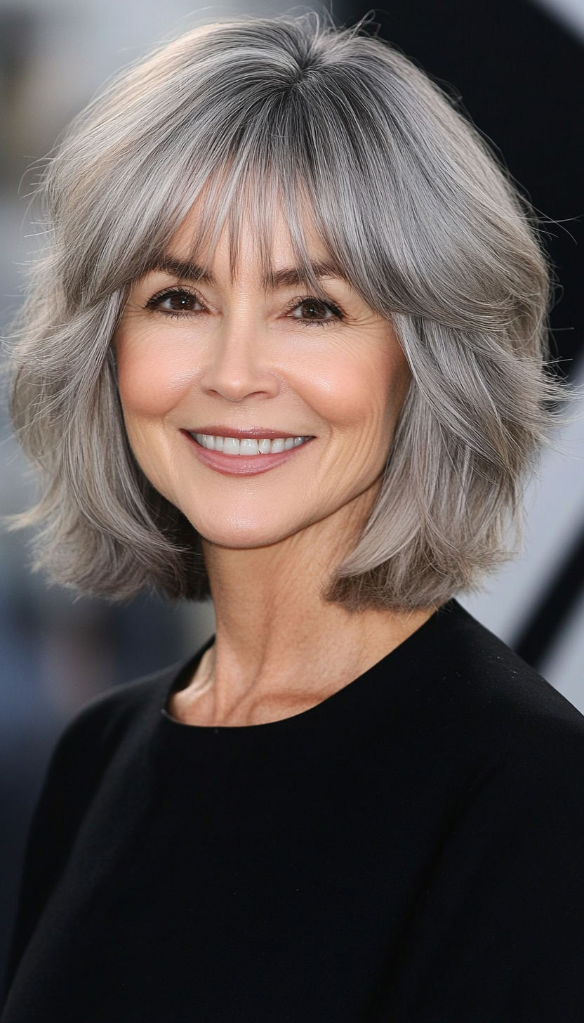 20. Stacked Bob with Natural Gray Blending (Hairstyles For Women Over 50 With Bangs) - Hairstyles For Women Over 50 With Bangs