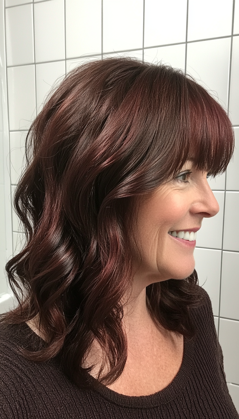 21. Medium-Length Waves with Deep Mahogany Shine (Hairstyles For Women Over 50 With Bangs) - Hairstyles For Women Over 50 With Bangs