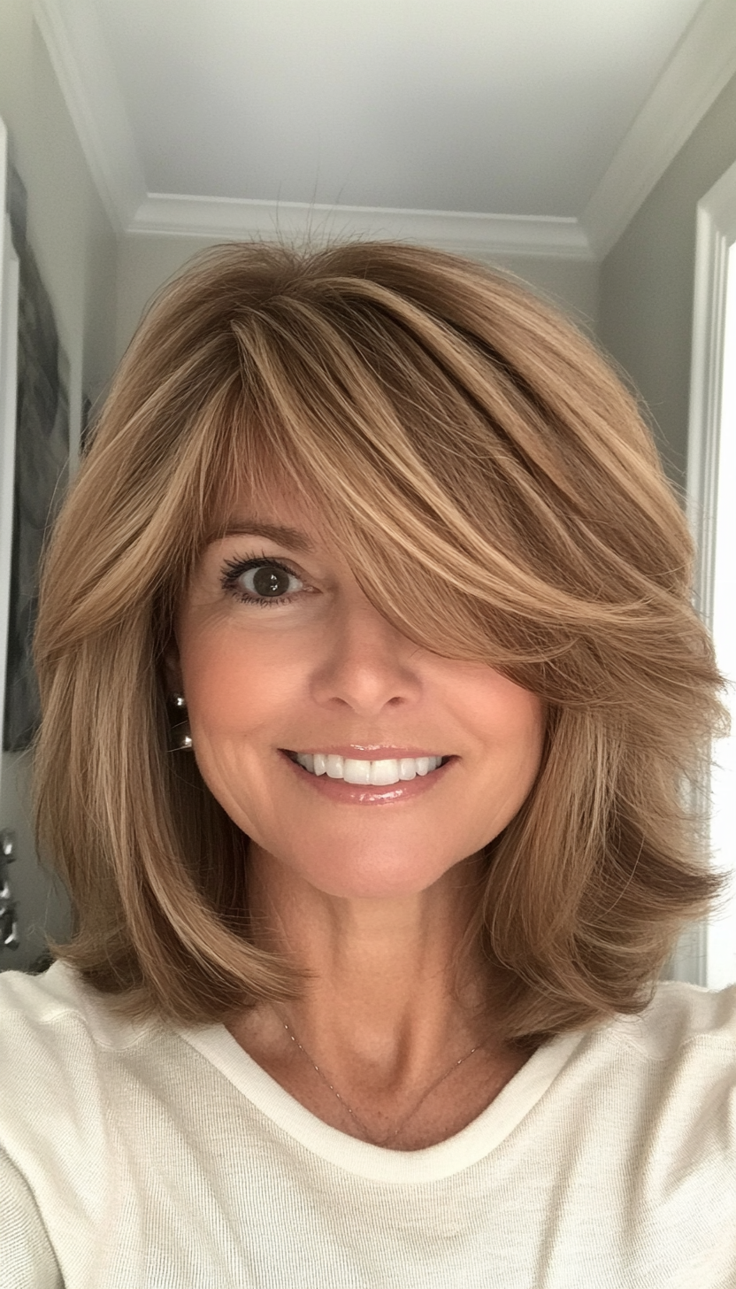 22. Side-Swept Bangs with Sandy Brown Elegance (Hairstyles For Women Over 50 With Bangs) - Hairstyles For Women Over 50 With Bangs