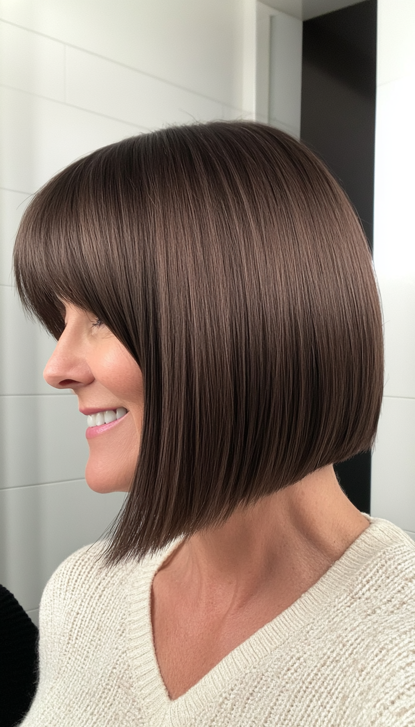23. Sleek Lob with Espresso Depth (Hairstyles For Women Over 50 With Bangs) - Hairstyles For Women Over 50 With Bangs