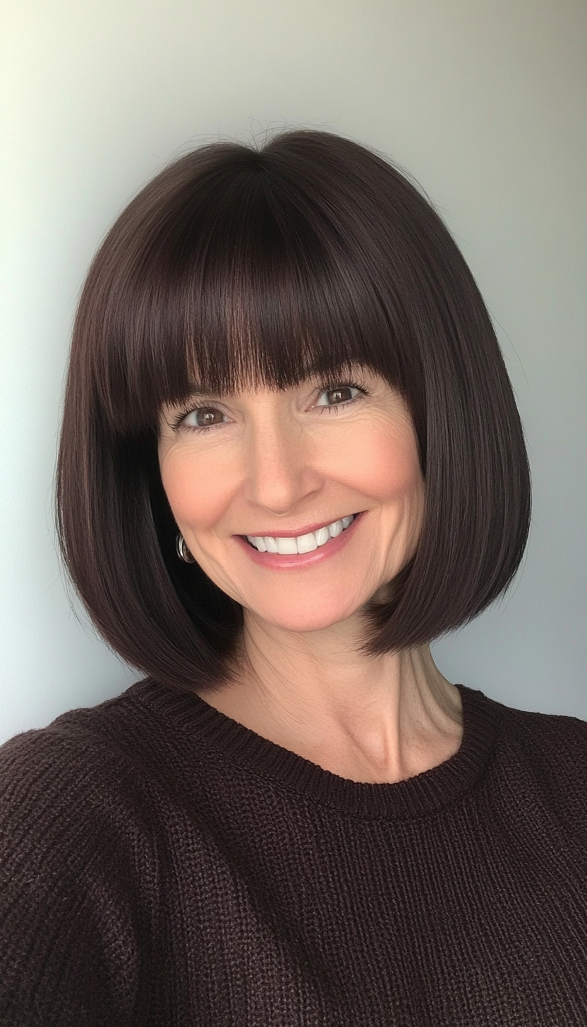 25. Blunt Cut Bob with Dark Chocolate Tones (Hairstyles For Women Over 50 With Bangs) - Hairstyles For Women Over 50 With Bangs