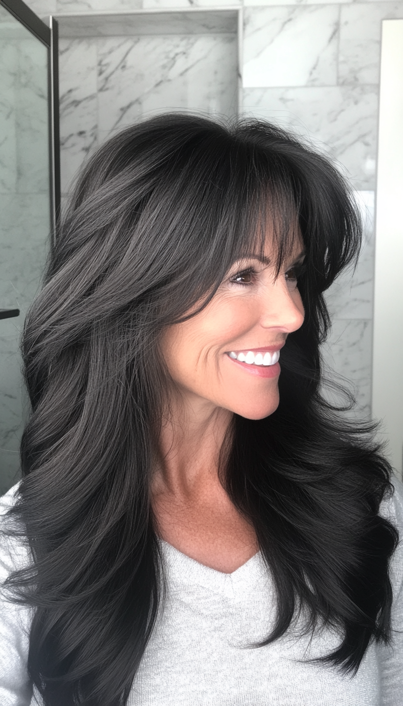 26. Long Layered Waves with Natural Black Luster (Hairstyles For Women Over 50 With Bangs) - Hairstyles For Women Over 50 With Bangs
