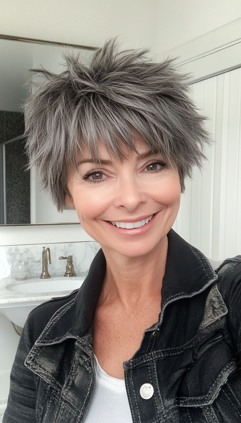 27. Short Shaggy Pixie with Smoky Gray Accents (Hairstyles For Women Over 50 With Bangs) - Hairstyles For Women Over 50 With Bangs