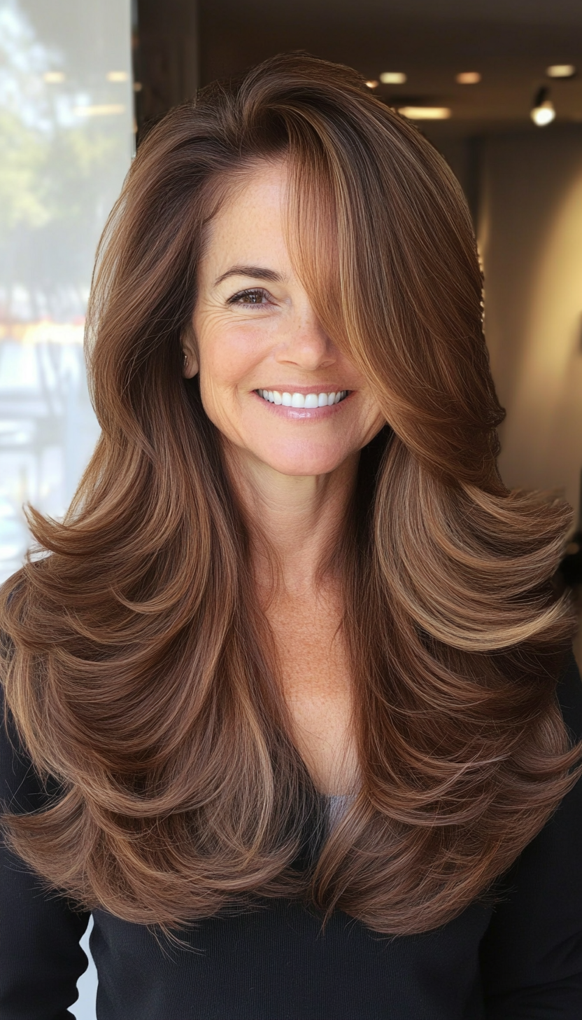 1. Soft Layered Waves in Chestnut Brown (Long Hairstyles For Women Over 50) - Long Hairstyles For Women Over 50